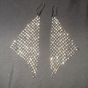 Elegant Silver Tone Dangle Earrings Triangle Rhinestone Bling